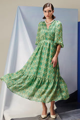 Margot Green Pleated Long Dress