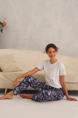 White Tee with Blue Floral Pyjama