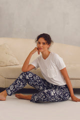 White Tee with Blue Floral Pyjama