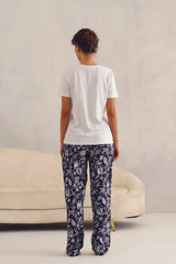 White Tee with Blue Floral Pyjama