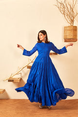 Blue Gathered Long Dress