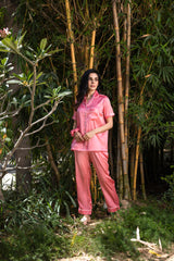Dark Pink Satin Lapel Collar Pyjama Set