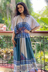 Cream/Blue Panel Print Kaftan