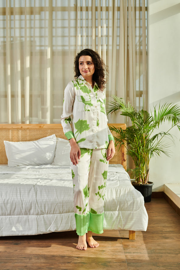 Dusk Attire Sets : Buy Dusk Attire White Floral Escape Pyjama Set Online