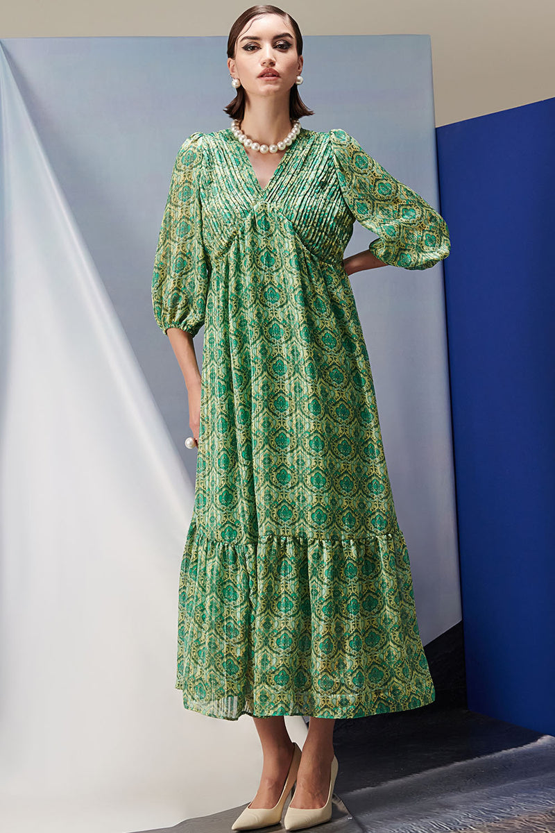 Margot Green Pleated Long Dress