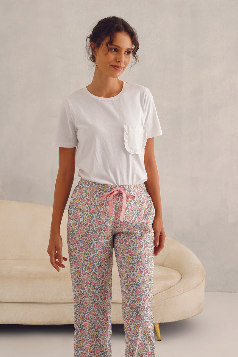 White Tee With Pink Floral Pyjama