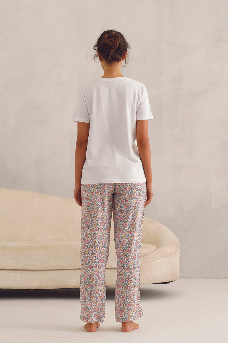 White Tee With Pink Floral Pyjama