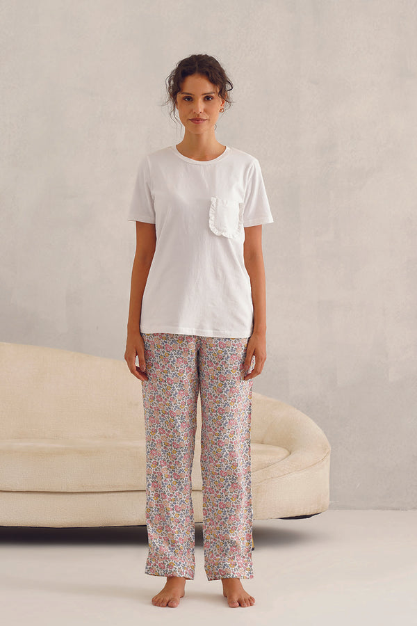 White Tee With Pink Floral Pyjama