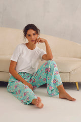 White Tee Green Floral Print Pyjama