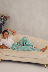 White Tee Green Floral Print Pyjama