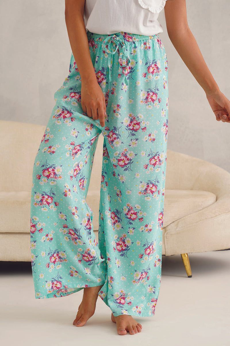 White Tee Green Floral Print Pyjama