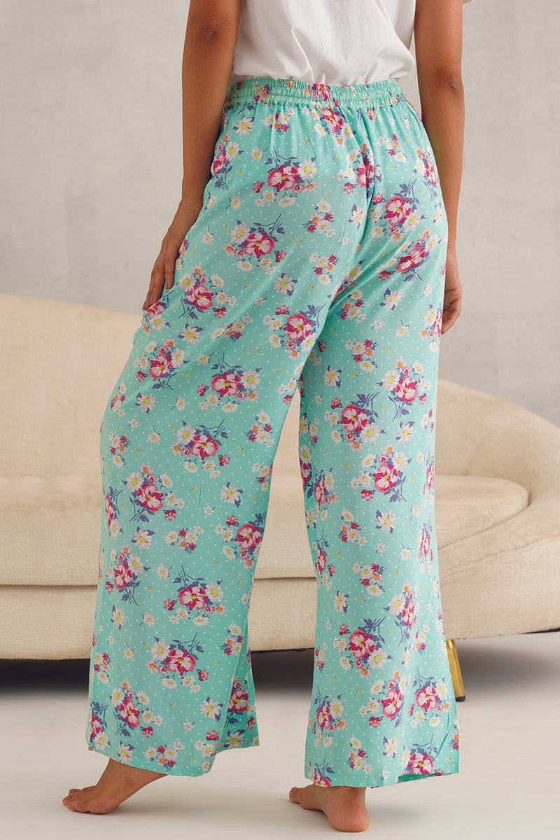 White Tee Green Floral Print Pyjama