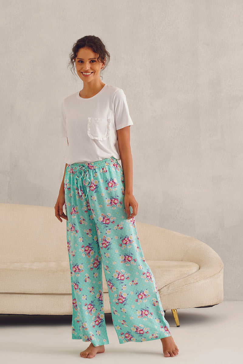White Tee Green Floral Print Pyjama