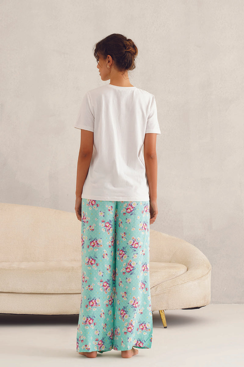 White Tee Green Floral Print Pyjama