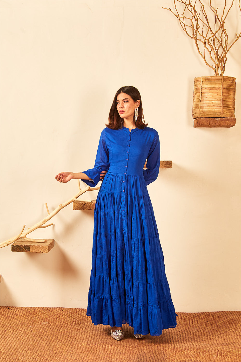 Blue Gathered Long Dress
