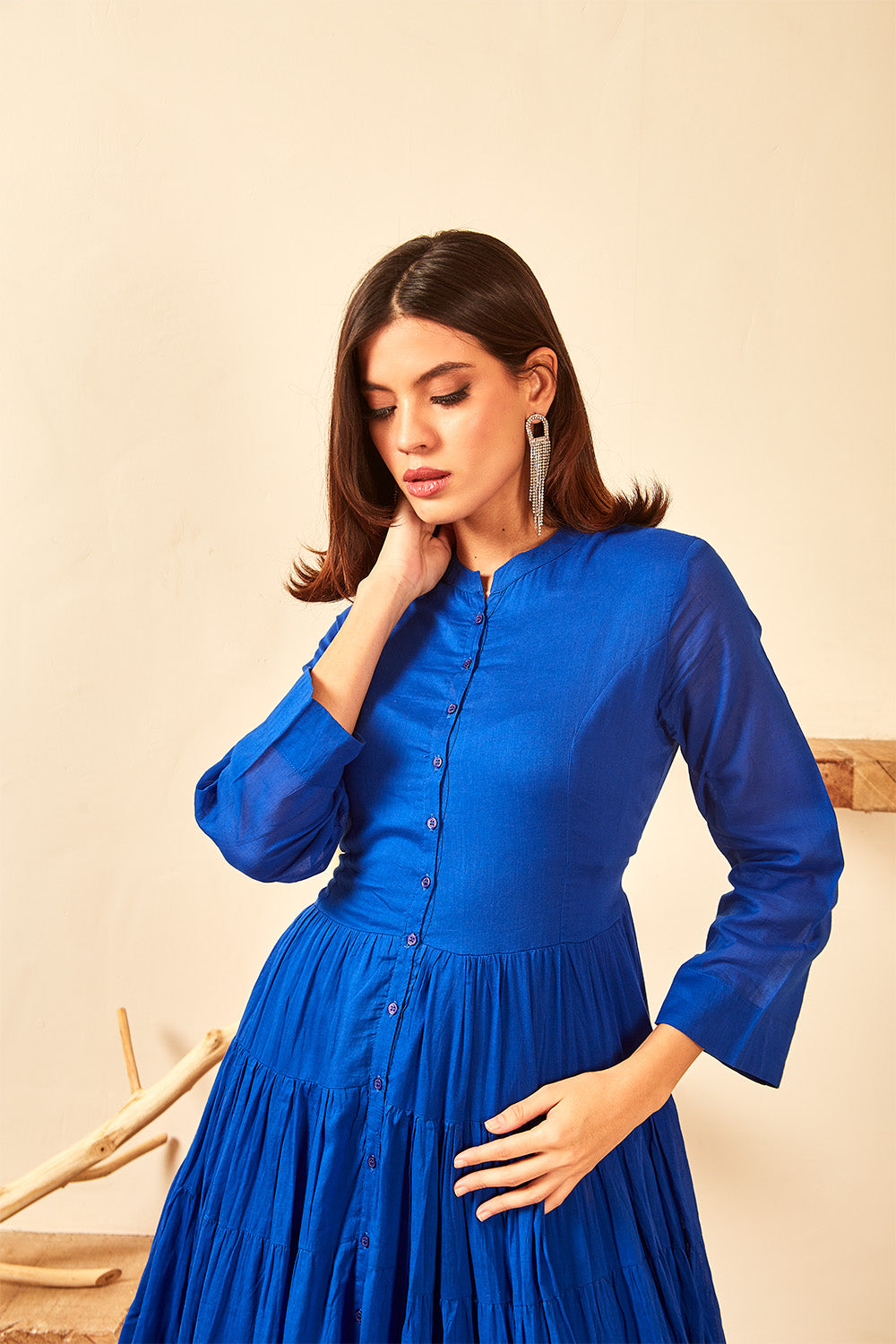 Blue Gathered Long Dress
