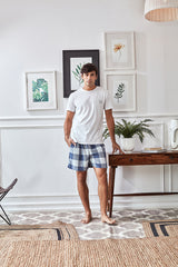 Men's White Tee with Blue Check Cotton Shorts Set