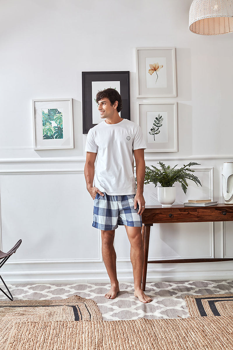 Men's White Tee with Blue Check Cotton Shorts Set