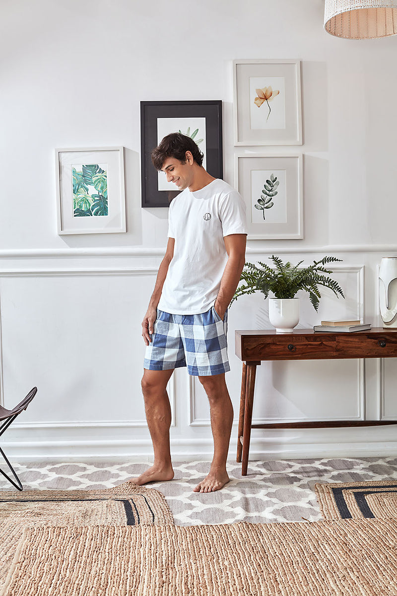 Men's White Tee with Blue Check Cotton Shorts Set