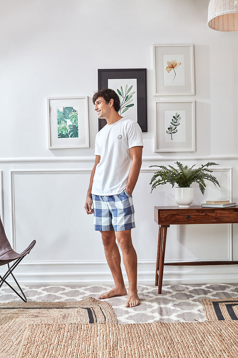 Men's White Tee with Blue Check Cotton Shorts Set