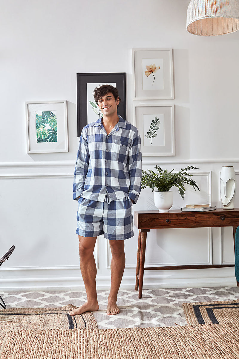 Men's Blue Check Cotton Shorts Set