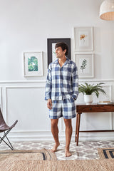 Men's Blue Check Cotton Shorts Set