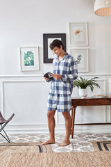 Men's Blue Check Cotton Shorts Set