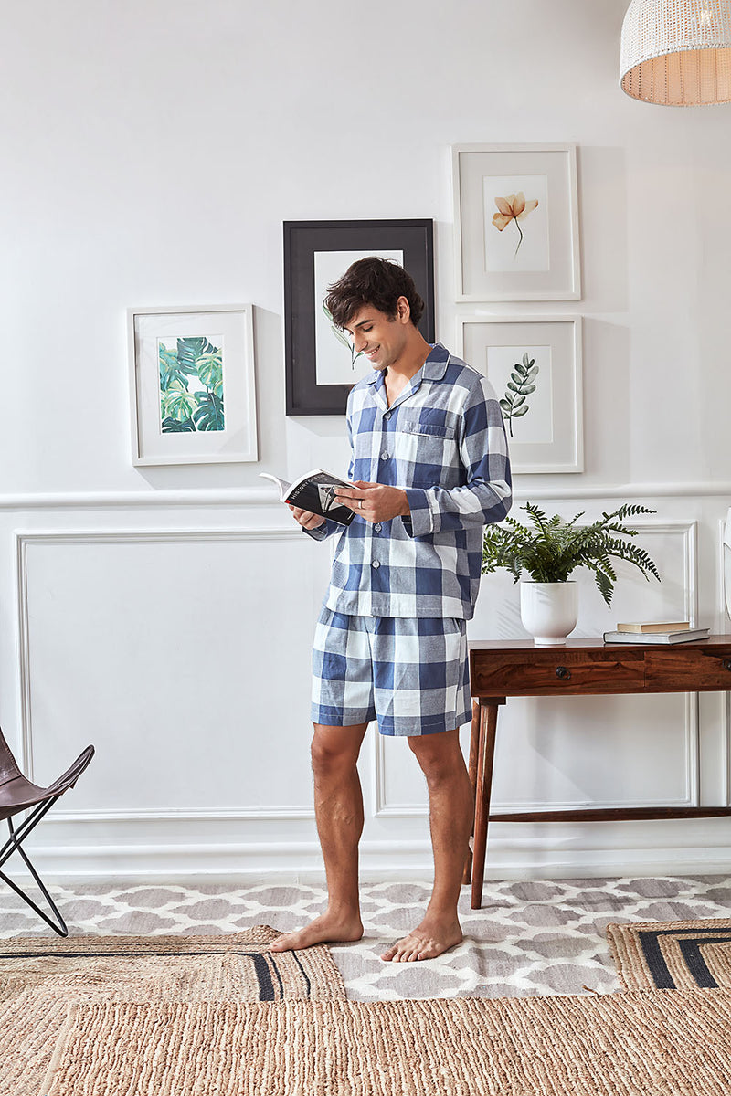 Men's Blue Check Cotton Shorts Set