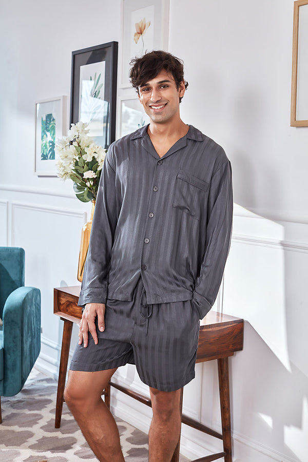 Men's Grey Stripe Shorts Set