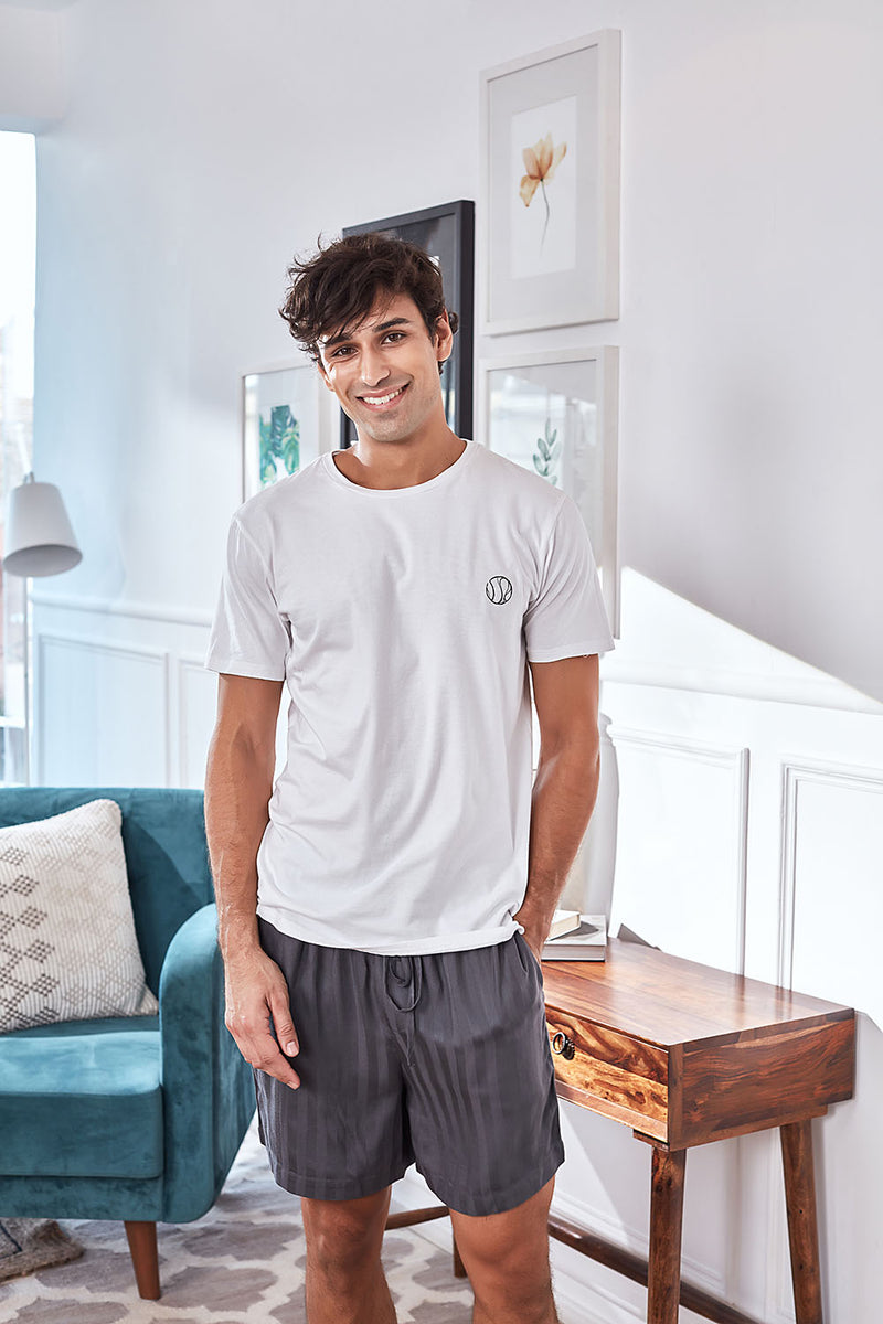 Men's White Tee with Grey Stripe Shorts Set