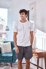 Men's White Tee with Grey Stripe Shorts Set