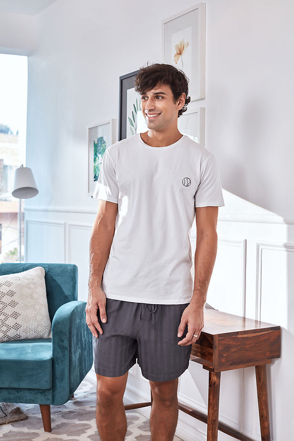 Men's White Tee with Grey Stripe Shorts Set