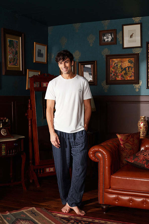Men's White Tee with Dark Blue Stripe Pyjama Set