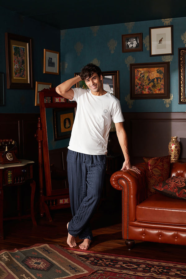 Men's White Tee with Dark Blue Stripe Pyjama Set