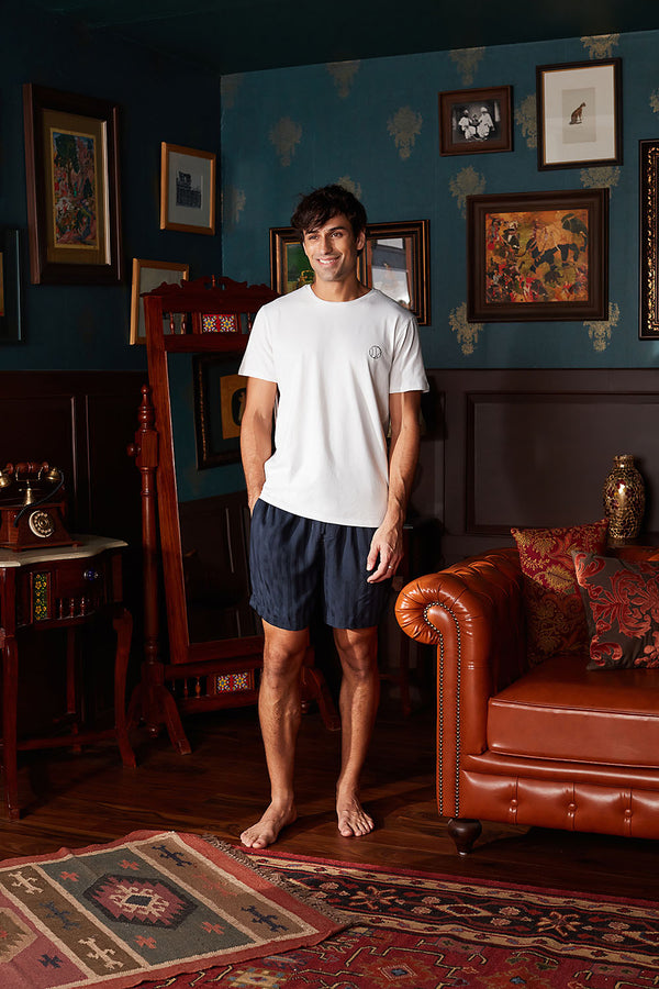 Men's White Tee with Dark Blue Stripe Shorts Set