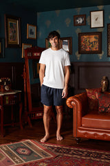 Men's White Tee with Dark Blue Stripe Shorts Set