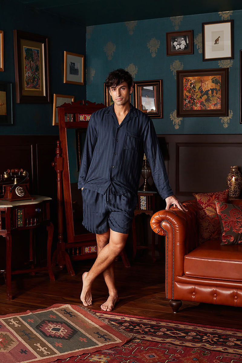 Men's Dark Blue Stripe Shorts Set