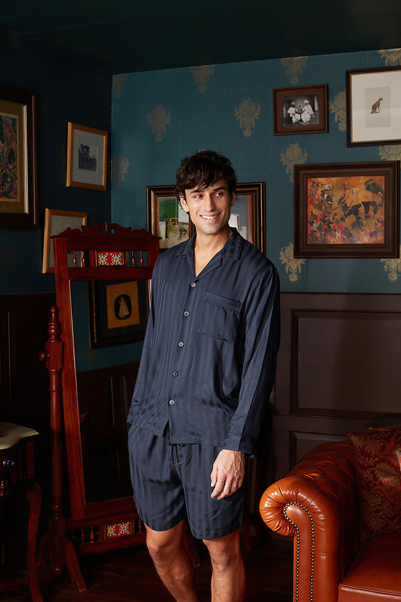 Men's Dark Blue Stripe Shorts Set