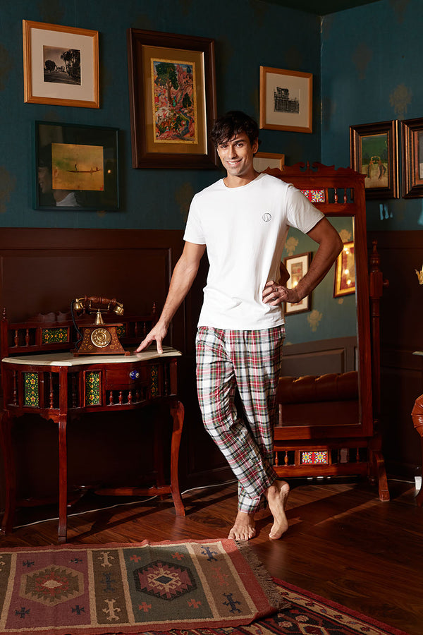 Men's White Tee with Red & Green Check Cotton Pyjama Set