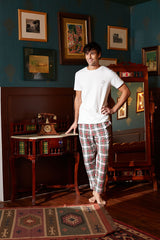 Men's White Tee with Red & Green Check Cotton Pyjama Set