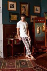 Men's White Tee with Red & Green Check Cotton Pyjama Set