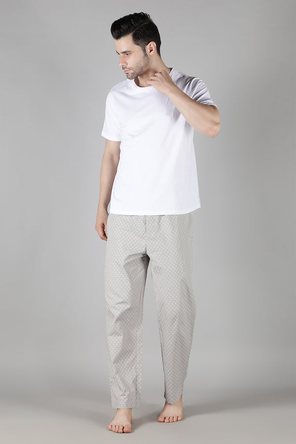 Men's White Tee with Grey Cubic Pyjama Set