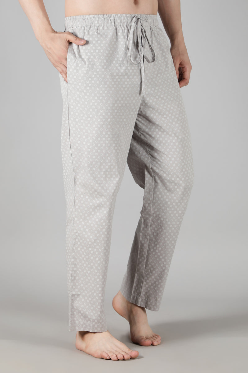 Men's White Tee with Grey Cubic Pyjama Set