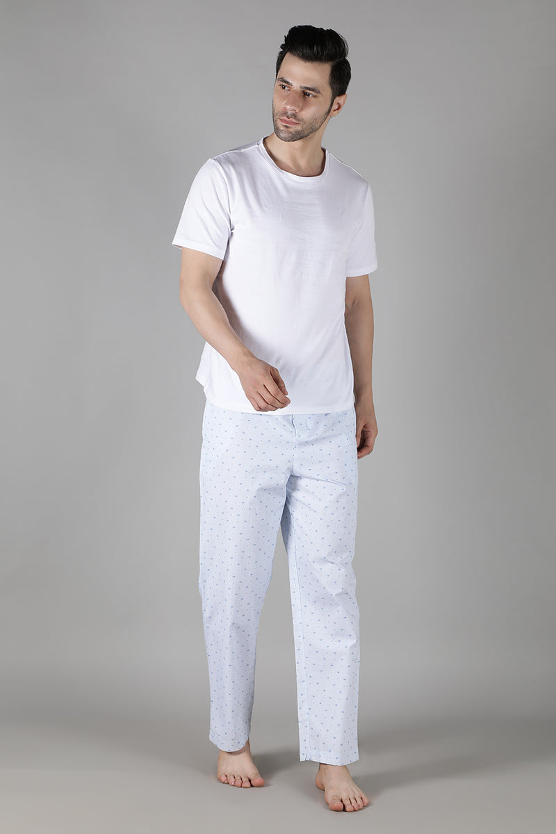 Men's White Tee with Powder Blue Pyjama Set