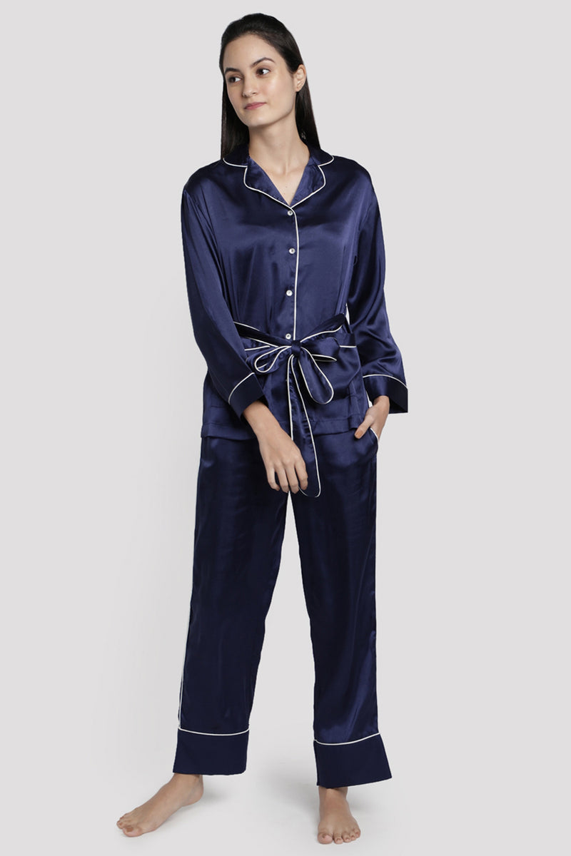 Blue Satin Lapel Collar Co-ord Set