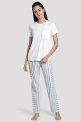 Solid White Tee With Blue/White Lurex Stripe Pyjama