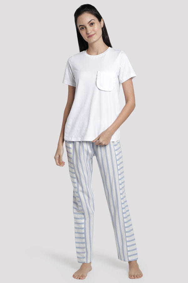 Solid White Tee With Blue/White Lurex Stripe Pyjama