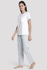 Solid White Tee With Blue/White Lurex Stripe Pyjama