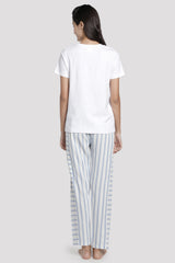 Solid White Tee With Blue/White Lurex Stripe Pyjama