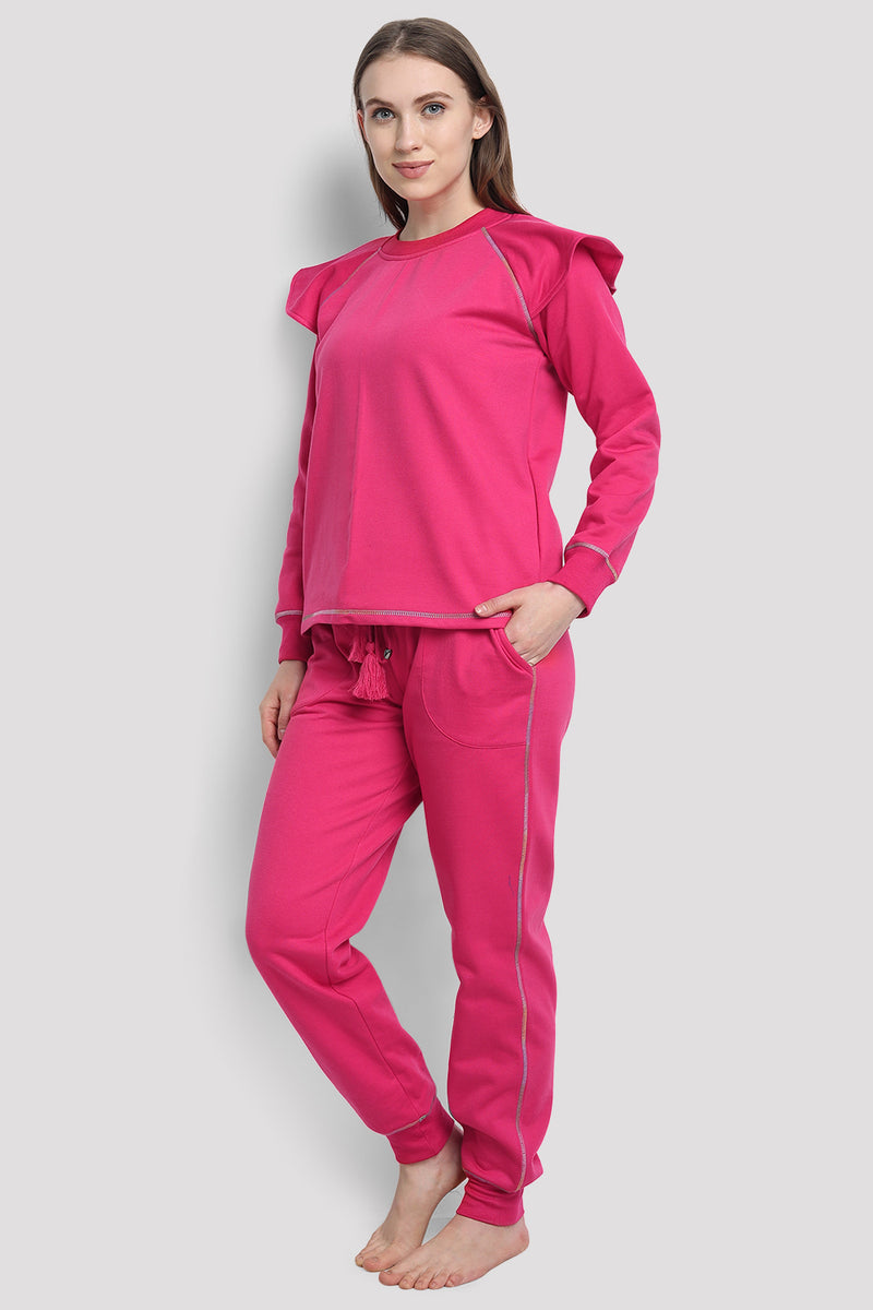 Ruffle Shoulder Co-ord Lounge Set (Pink)